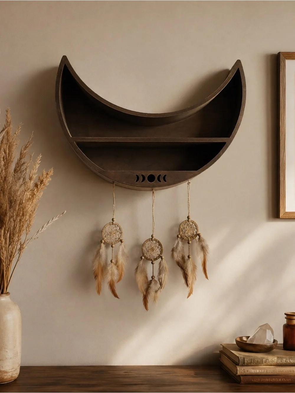 HUGE Wooden Crescent Moon Trinket Shelf Wall Decor in Dark Brown
